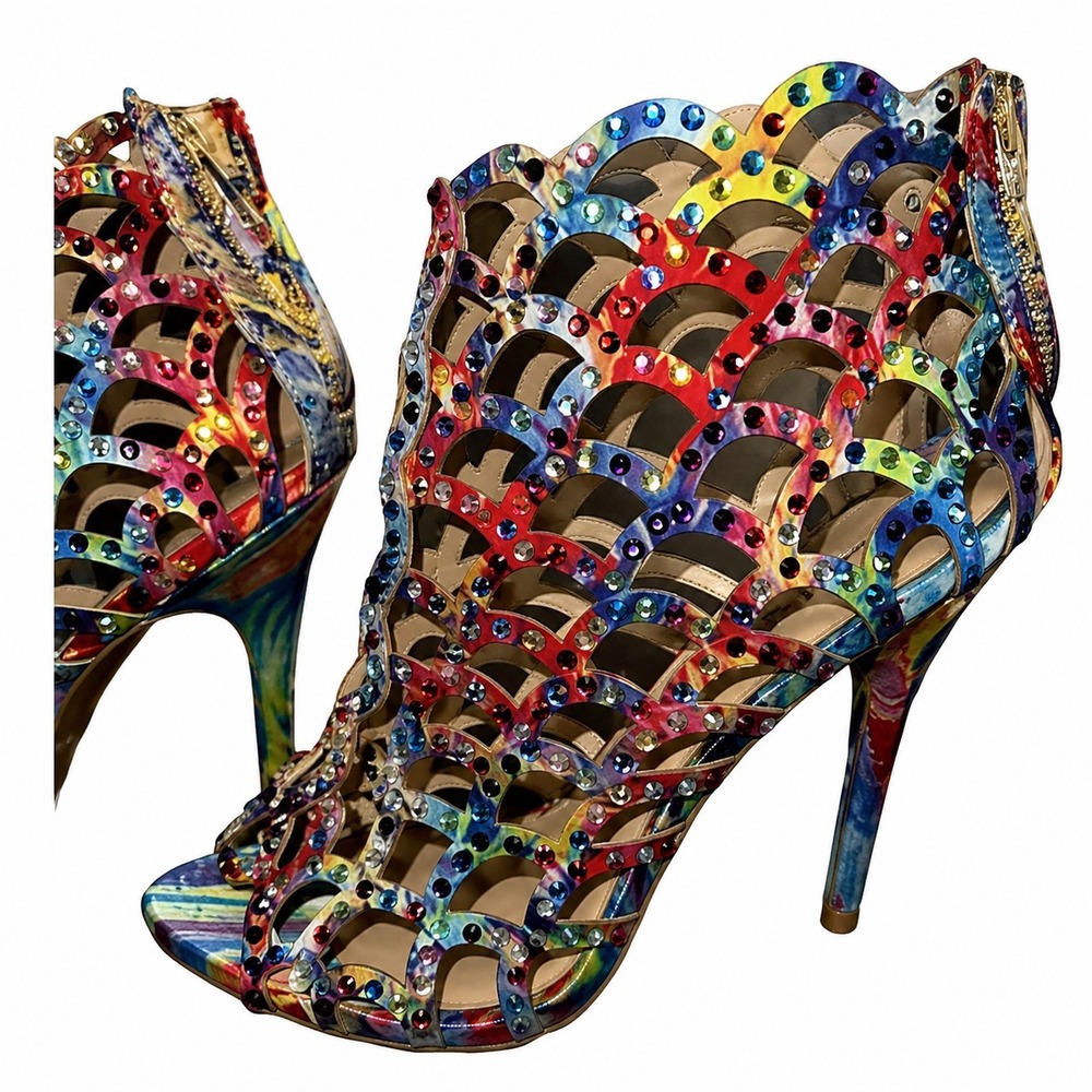 Zigi Soho Rhinestone Cage Heels 6 Multicolor Strappy Stiletto Open Toe Bright